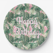 Assiettes En Carton Feuilles tropicaux verts et roses | Joyeux anniver (Devant)