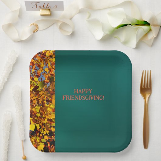 Assiettes En Carton Feuilles Turquoises sombres Thanksgiving Friendsgi (Mariage)
