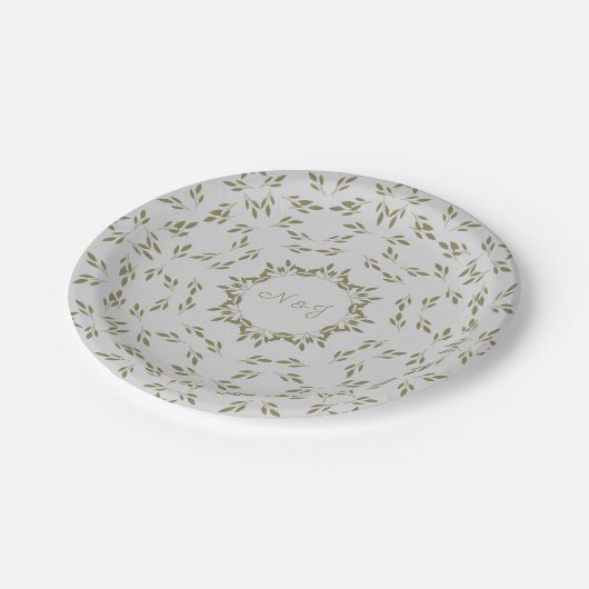 Assiettes En Carton Feuilles vert olive Oatmeal naturel Mariage rustiq (Angle)