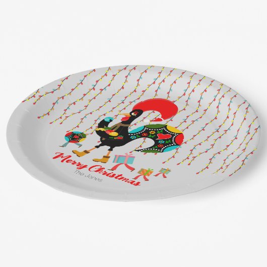 Assiettes En Carton Feux de Noël, baubles, cadeaux et coq (Angle)