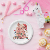 Assiettes En Carton Feux de Noël Cochon portant le Casquette de Noël - (Fête)