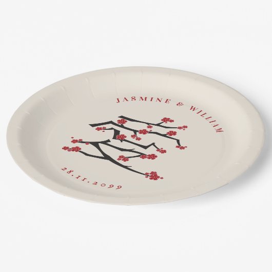Assiettes En Carton Fiançailles chinois Ai Love Red Cherry Blossoms (Angle)