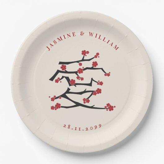 Assiettes En Carton Fiançailles chinois Ai Love Red Cherry Blossoms (Devant)
