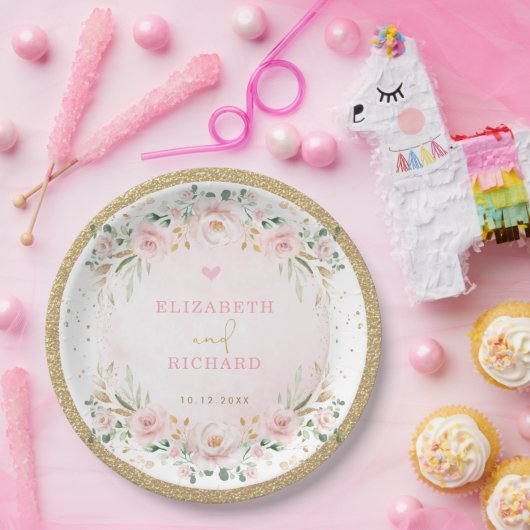 Assiettes En Carton Fiançailles Mariage romantique Blush or rose rose (Fête)