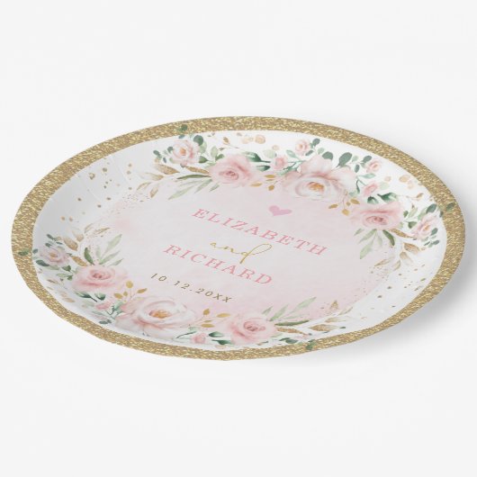 Assiettes En Carton Fiançailles Mariage romantique Blush or rose rose (Angle)