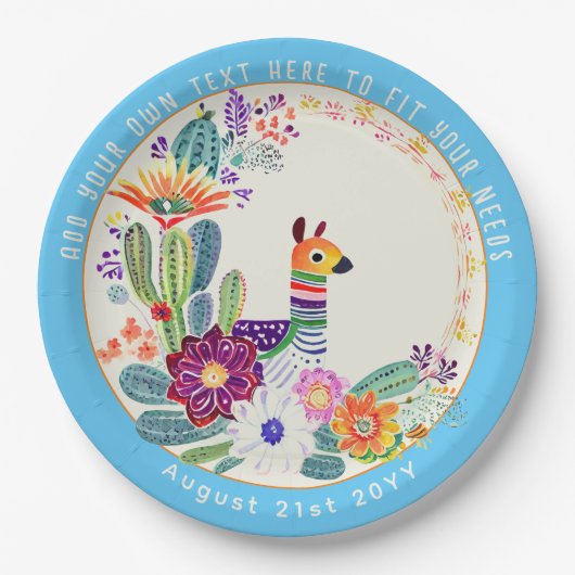 Assiettes En Carton FIESTA Cactus Llama Fleurs Folkart bleu personnali (Devant)