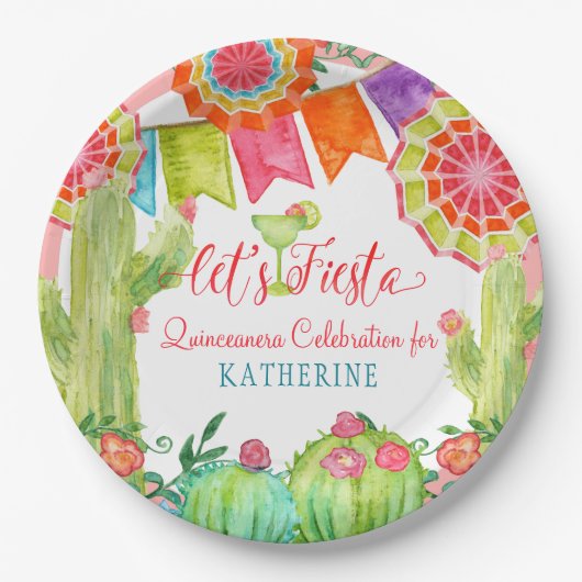 Assiettes En Carton Fiesta Cactus Quinceanera rose 15ème anniversaire (Devant)