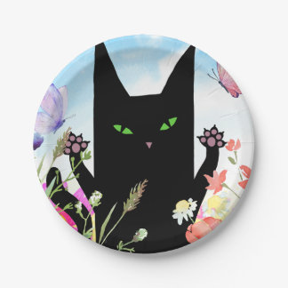 Assiettes En Carton Fièvre du printemps du chat noir : chaton et fleur