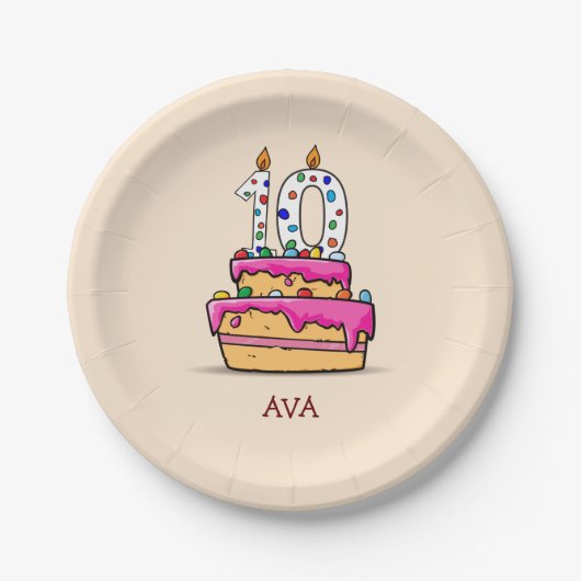 Assiettes En Carton Fille 10e anniversaire, 10 sur le gâteau rose doux (Devant)