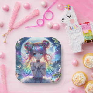 Assiettes En Carton Fille Anime Cheveux Arc-en-Ciel Chantant Fée Lune