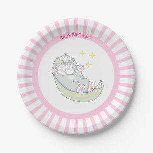Assiettes En Carton Fille anniversaire Kitty Cat sur rose et blanc