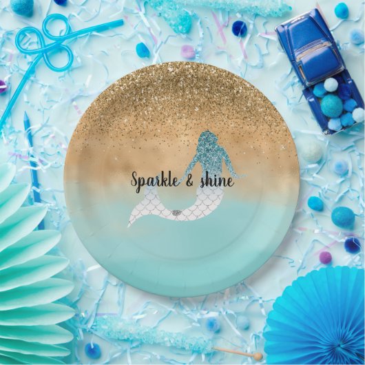 Assiettes En Carton Fille Aqua Aquarelle or Parties scintillant sirène (Fête)