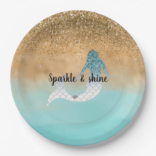 Assiettes En Carton Fille Aqua Aquarelle or Parties scintillant sirène (Devant)