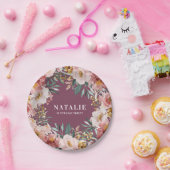 Assiettes En Carton Fille aquarelle florale anniversaire rose chic (Fête)