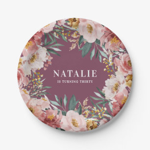 Assiettes En Carton Fille aquarelle florale anniversaire rose chic