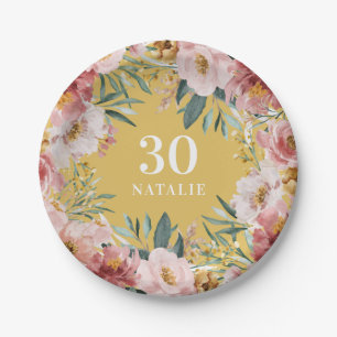 Assiettes En Carton Fille aquarelle florale anniversaire rose chic
