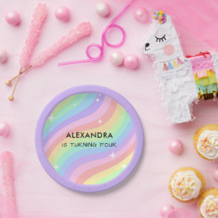Assiettes En Carton Fille arc-en-ciel pour son 4ème anniversaire Quatr