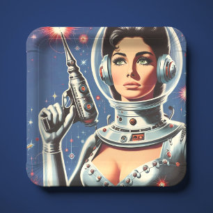 Assiettes En Carton Fille astronaute de science-fiction vintage