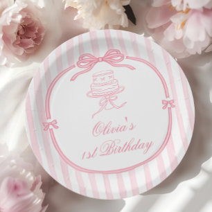 Assiettes En Carton Fille au nœud rose premier anniversaire