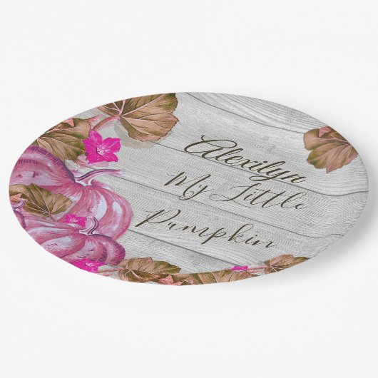 Assiettes En Carton Fille Baby shower Gris Bois Automne Citrouille ros (Angle)