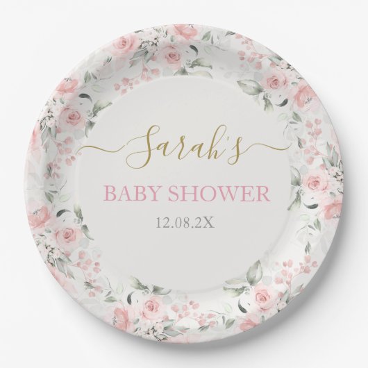 Assiettes En Carton Fille Baby shower rose (Devant)