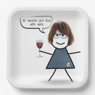 Assiettes En Carton Fille bâton avec citation de vin de fête