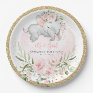 Assiettes En Carton Fille Bébé Eléphant Blush Rose Or Floral Douche