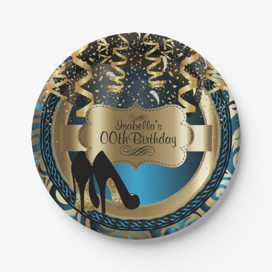 Assiettes En Carton Fille Bleue Anniversaire avec Gold & Noir talons h (Devant)