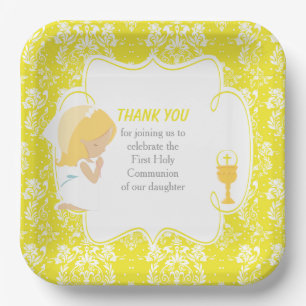 Assiettes En Carton Fille blonde de première communion Damassé jaune