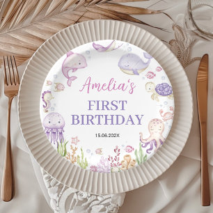 Assiettes En Carton Fille d'animaux marins sous la mer Anniversaire de