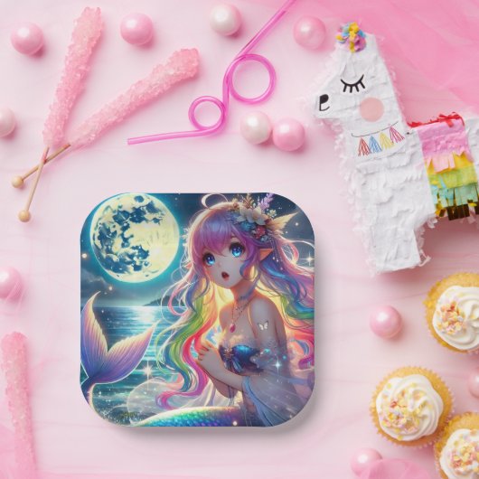 Assiettes En Carton Fille d'anime chantant clair de lune pixie mermaid (Fête)