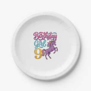 Assiettes En Carton Fille d'anniversaire 9 Licorne Dessin de gravure v