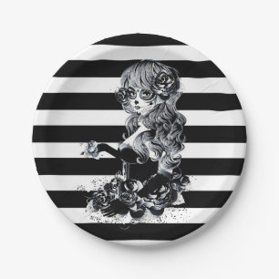 Assiettes En Carton Fille de crâne sucré rayé noir et blanc