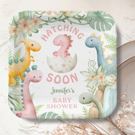 Assiettes En Carton Fille de douche de bébé dinosaure Rose Dino