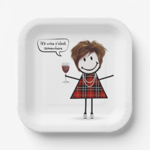 Assiettes En Carton Fille de fête avec du vin rouge 