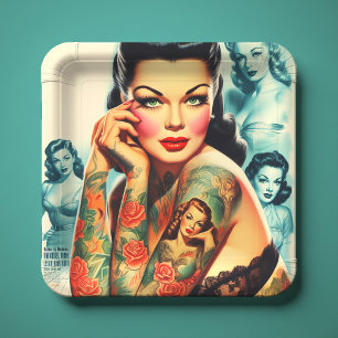 Assiettes En Carton Fille de tatouage Old School