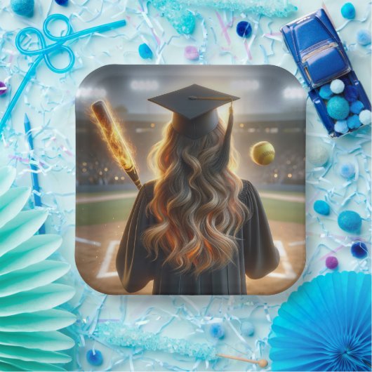 Assiettes En Carton Fille Diplômée Avec Chat Flamant et Softball (Fête)