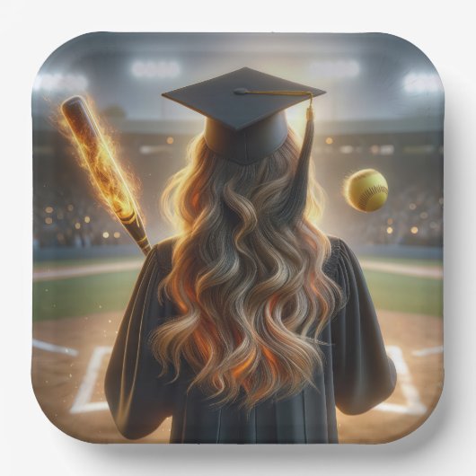 Assiettes En Carton Fille Diplômée Avec Chat Flamant et Softball (Recto)