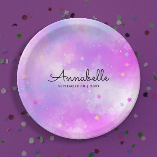 Assiettes En Carton Fille Dreamy Rose Holographique Sky Stars Aquarell