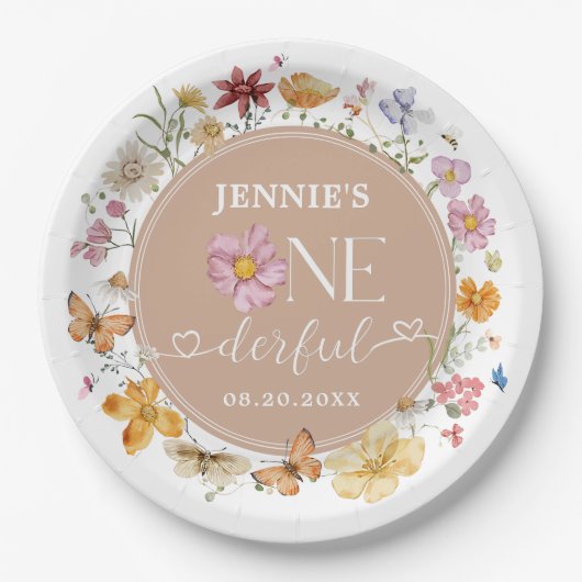 Assiettes En Carton Fille Fleur sauvage Onederful 1er anniversaire fêt (Devant)
