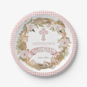 Assiettes En Carton Fille florale séchée rose Première communion saint