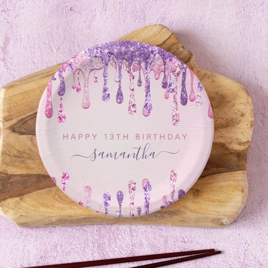 Assiettes En Carton Fille Glam rose pourpre Parties scintillant Drip 1