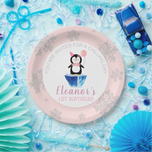 Assiettes En Carton Fille hiver mignon Penguin rose Anniversaire (Fête)