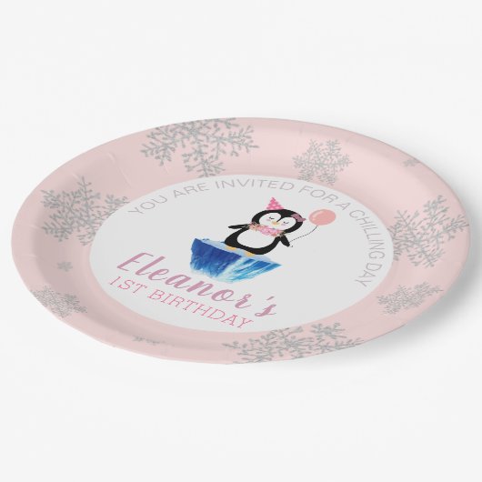 Assiettes En Carton Fille hiver mignon Penguin rose Anniversaire (Angle)