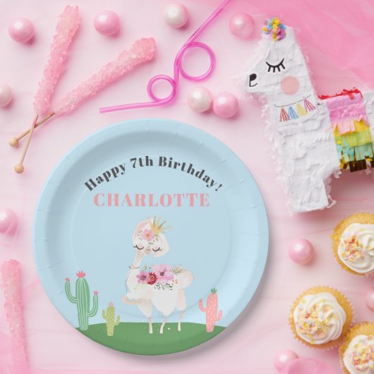 Assiettes En Carton Fille Llama Floral Cactus fête d'anniversaire (Fête)