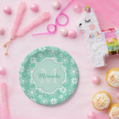 Assiettes En Carton Fille Monogramme Monnaie Blanc Fleurs de marguerit (Fête)