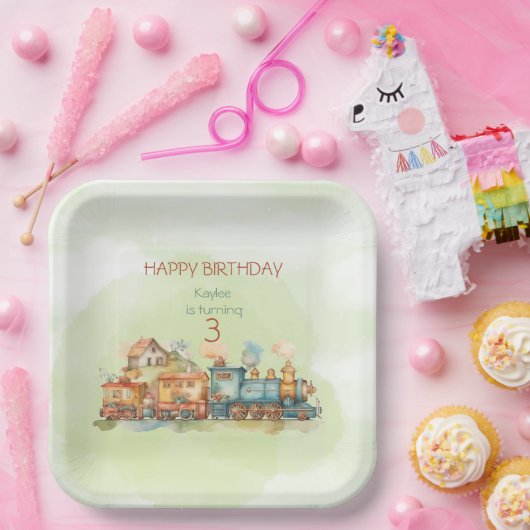 Assiettes En Carton Fille moteur de train 3e anniversaire (Fête)