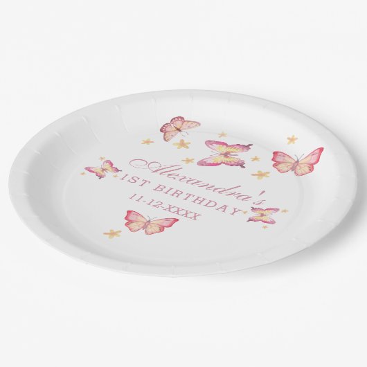 Assiettes En Carton Fille papillon rose 1er anniversaire (Angle)