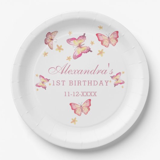 Assiettes En Carton Fille papillon rose 1er anniversaire (Devant)
