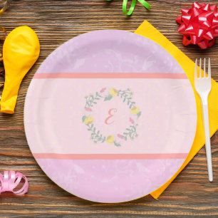 Assiettes En Carton Fille Pastel rose et lavande Floral Monogramme enf
